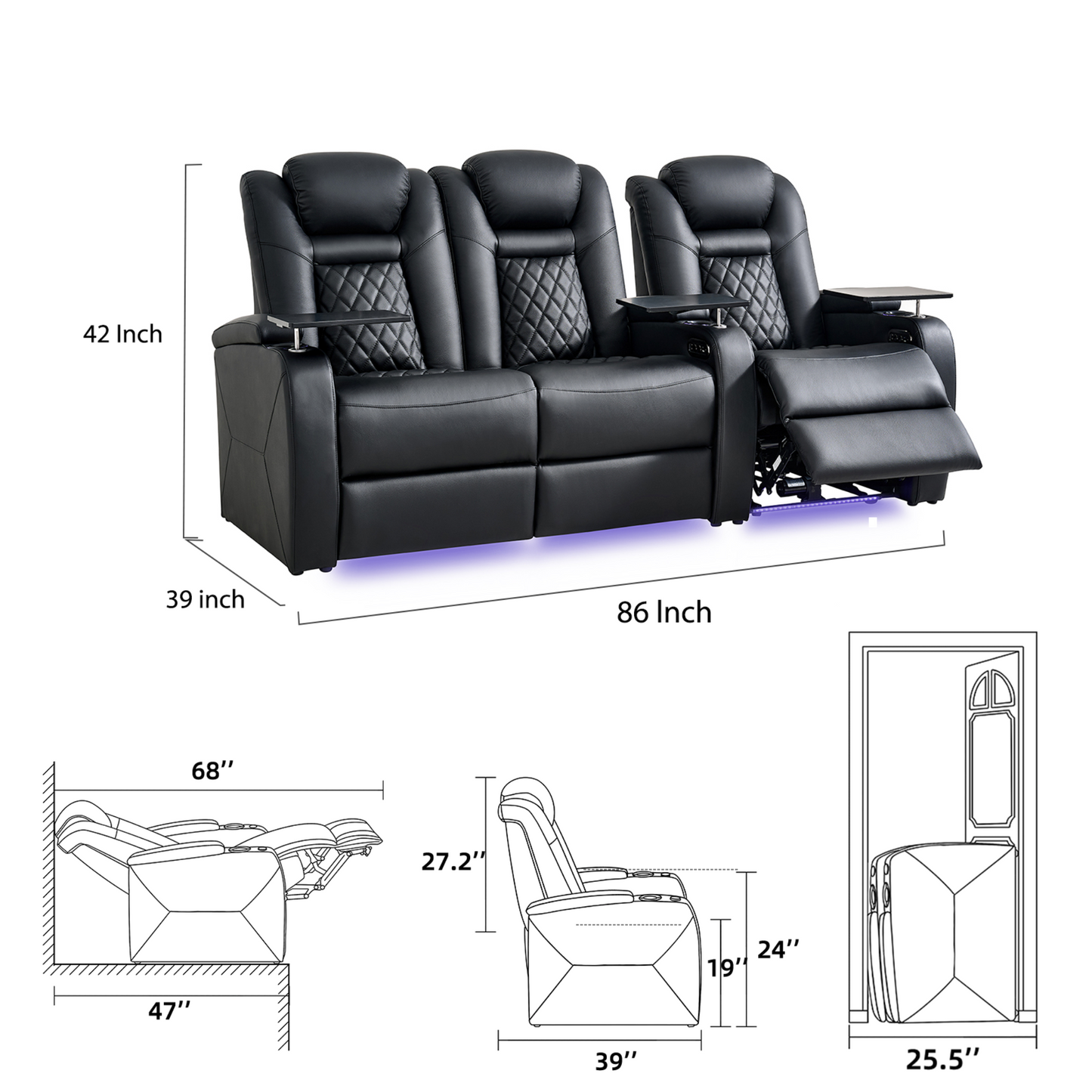 soothroom 3 Seat Power Reclining Theater Seating with Loveseat Option