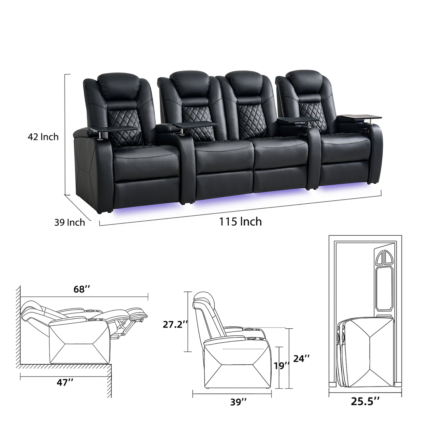 soothroom 4 Seat Home Cinema Recliner Seating with Loveseat Option