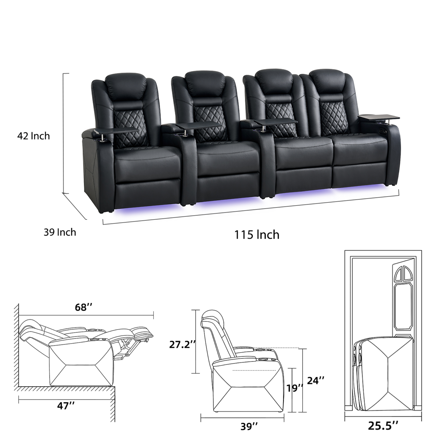 soothroom 4 Seat Home Cinema Recliner Seating with Loveseat Option