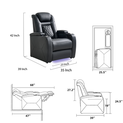 soothroom 1 Seat Home Theater Recliner Chair with Power Headrest and LED Lighting