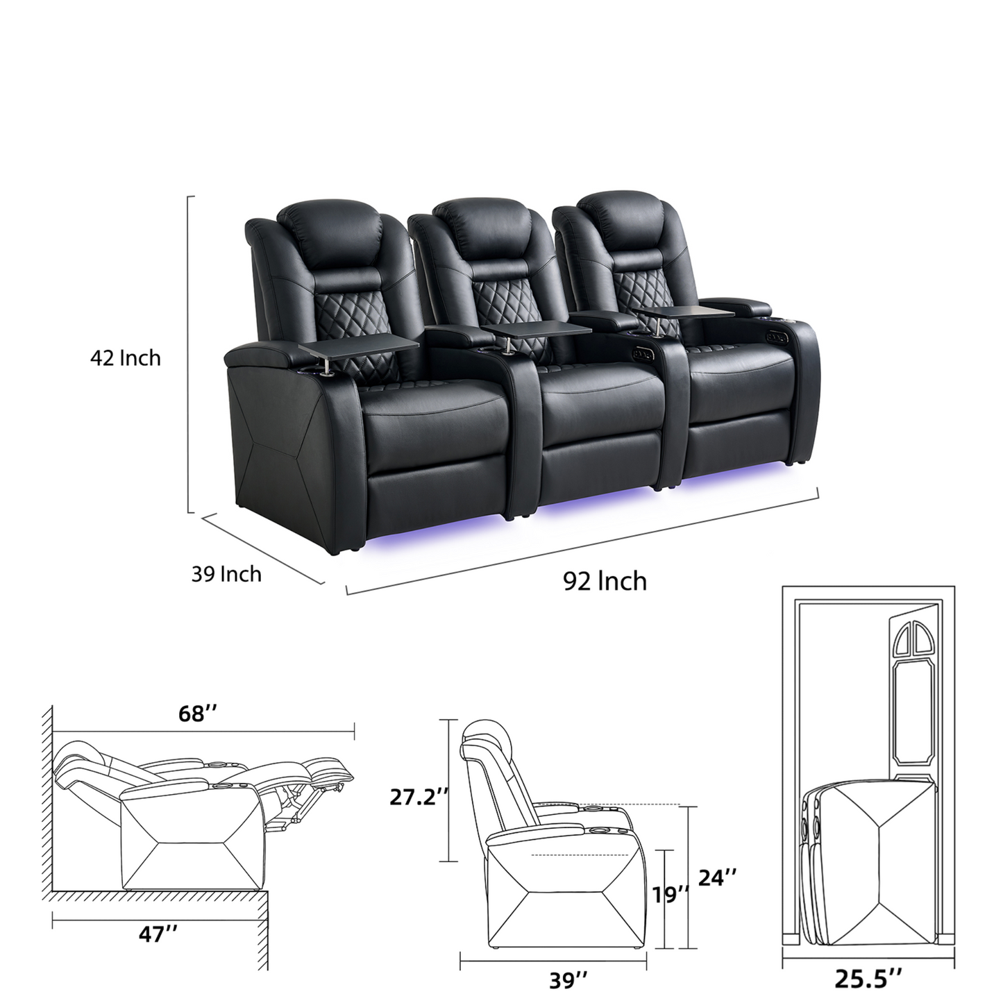 soothroom 3 Seat Power Reclining Theater Seating with Loveseat Option