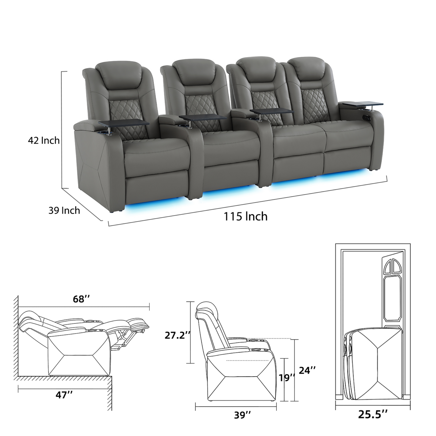 soothroom 4 Seat Home Cinema Recliner Seating with Loveseat Option