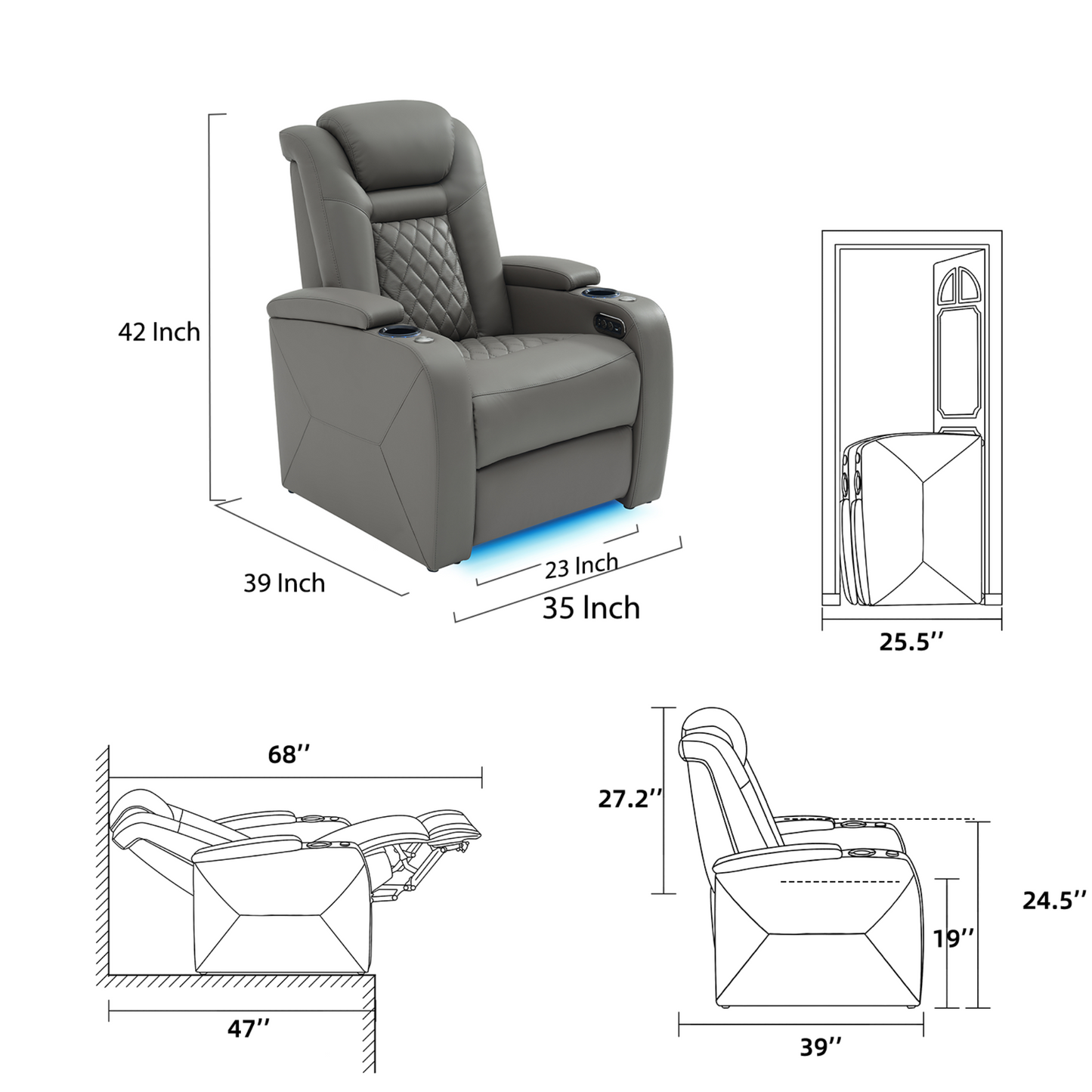 soothroom 1 Seat Home Theater Recliner Chair with Power Headrest and LED Lighting