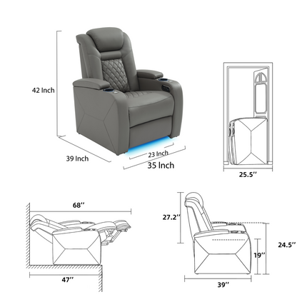 soothroom 1 Seat Home Theater Recliner Chair with Power Headrest and LED Lighting