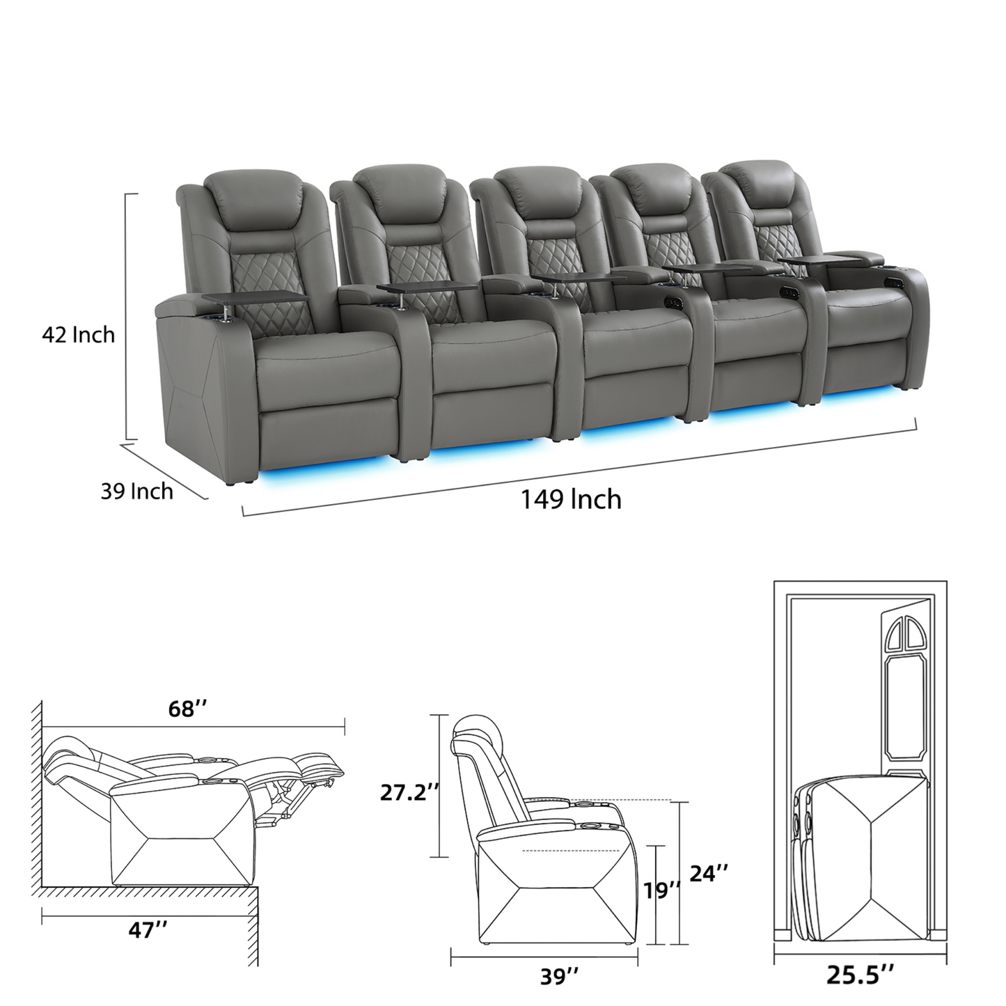 soothroom 5 Seat Reclining Home Theater Seating Row with LED Lighting