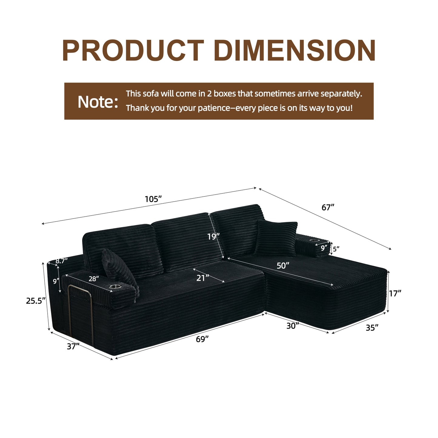 soothroom Corduroy L Shape Right Facing Sectional Sofa – Modular Compressed Couch