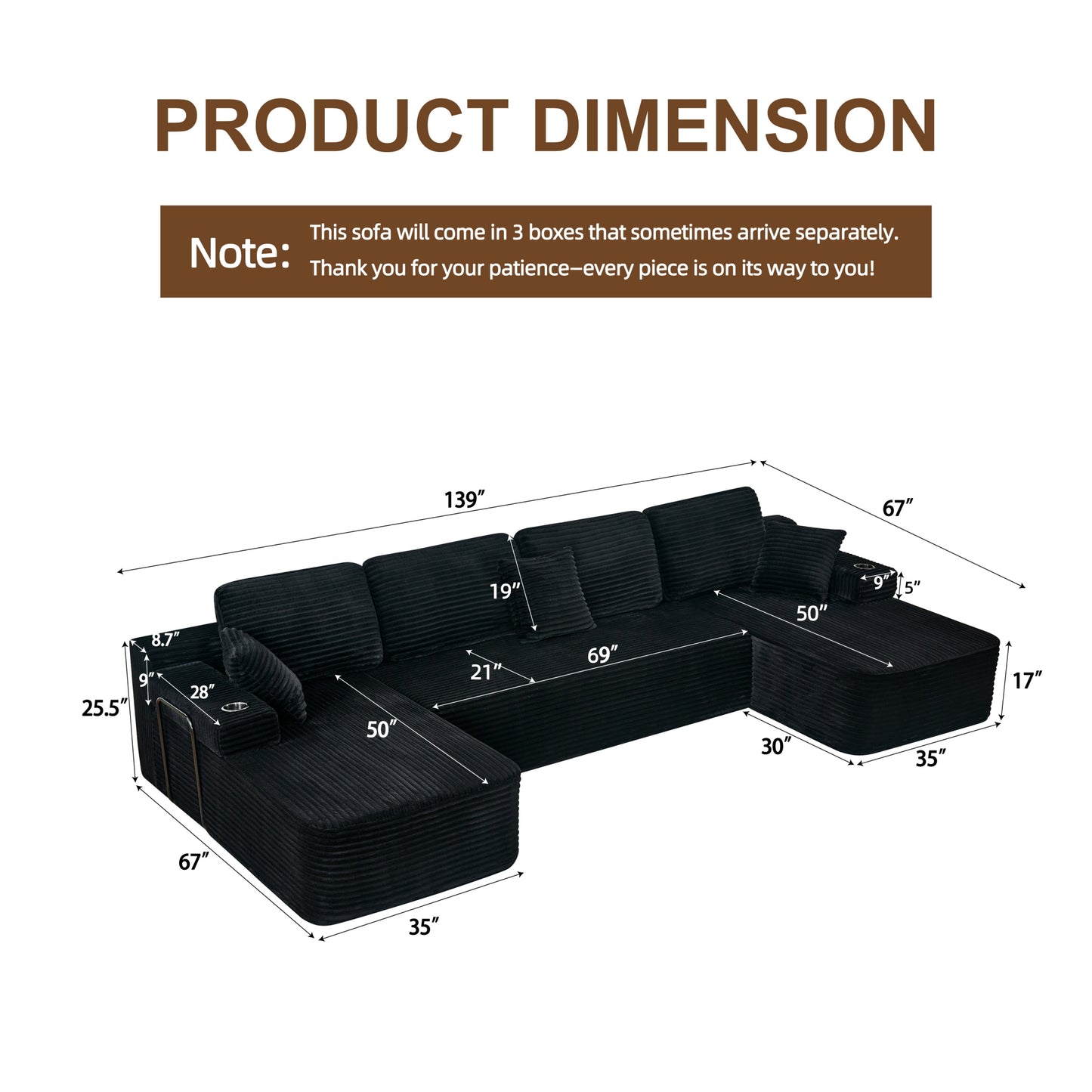 soothroom Corduroy U Shape Sectional Sofa – Modular Compressed Couch