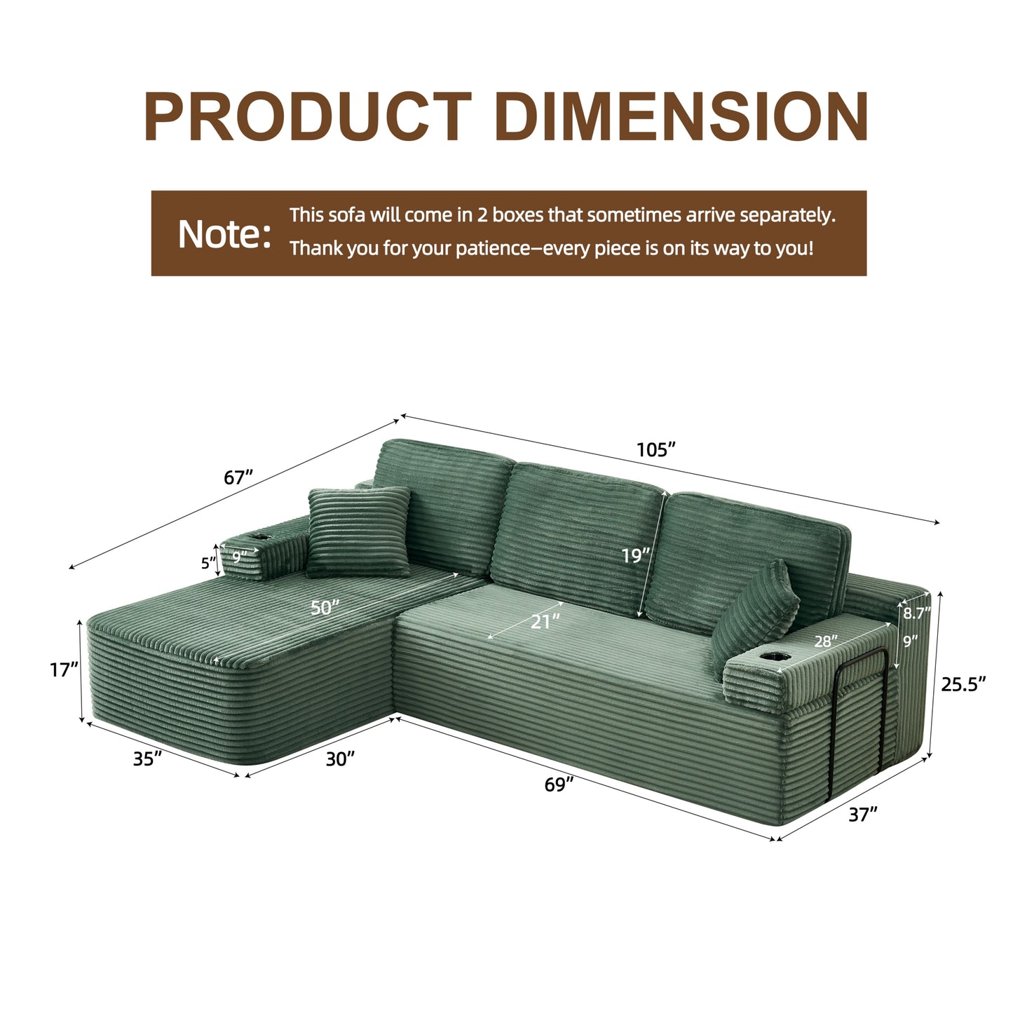 soothroom Corduroy L Shape Left Facing Sectional Sofa – Modular Compressed Couch