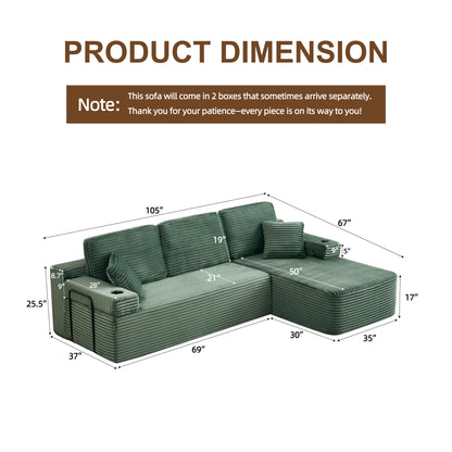 soothroom Corduroy L Shape Right Facing Sectional Sofa – Modular Compressed Couch