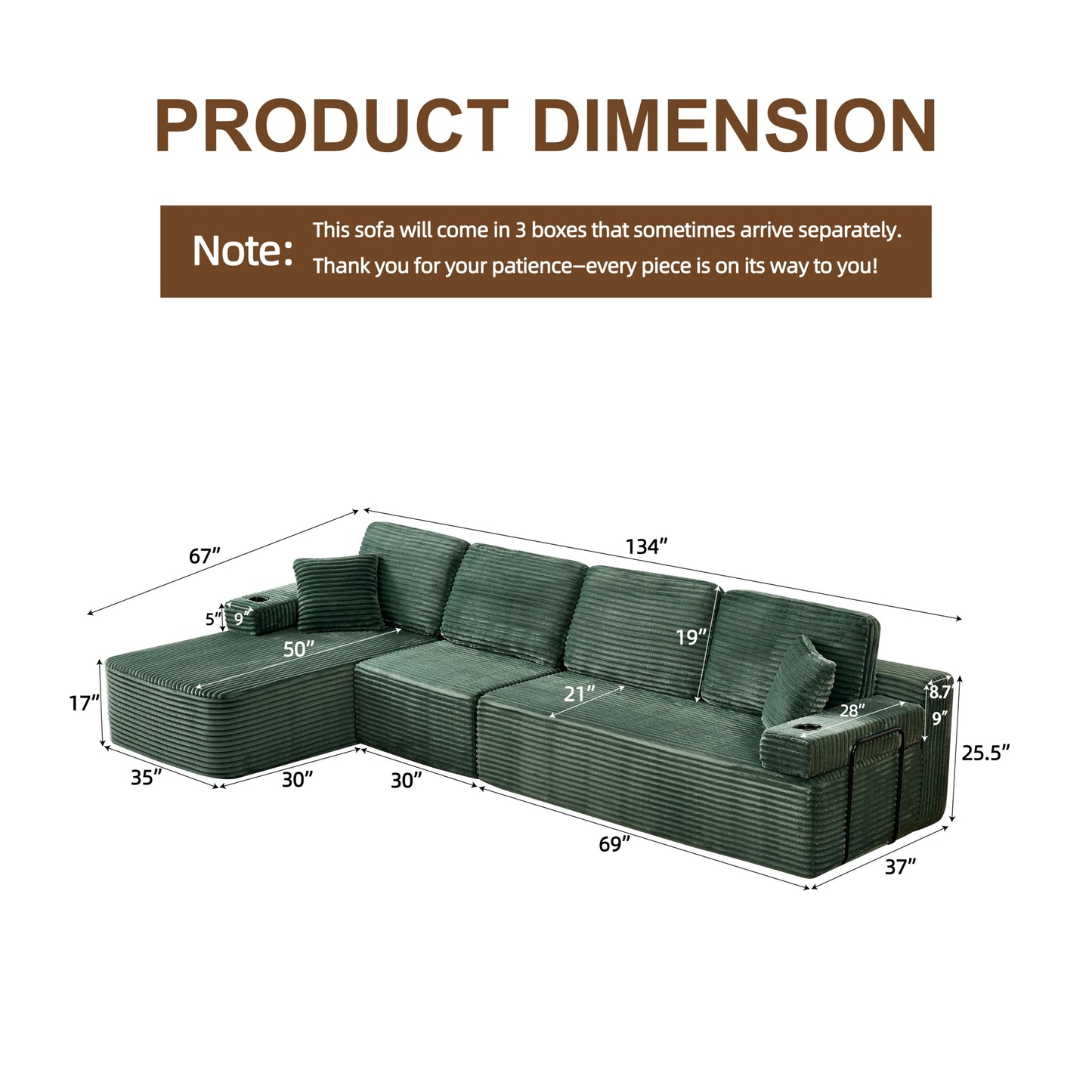 soothroom Corduroy L Shape Left Facing Sectional Sofa – Modular Compressed Couch