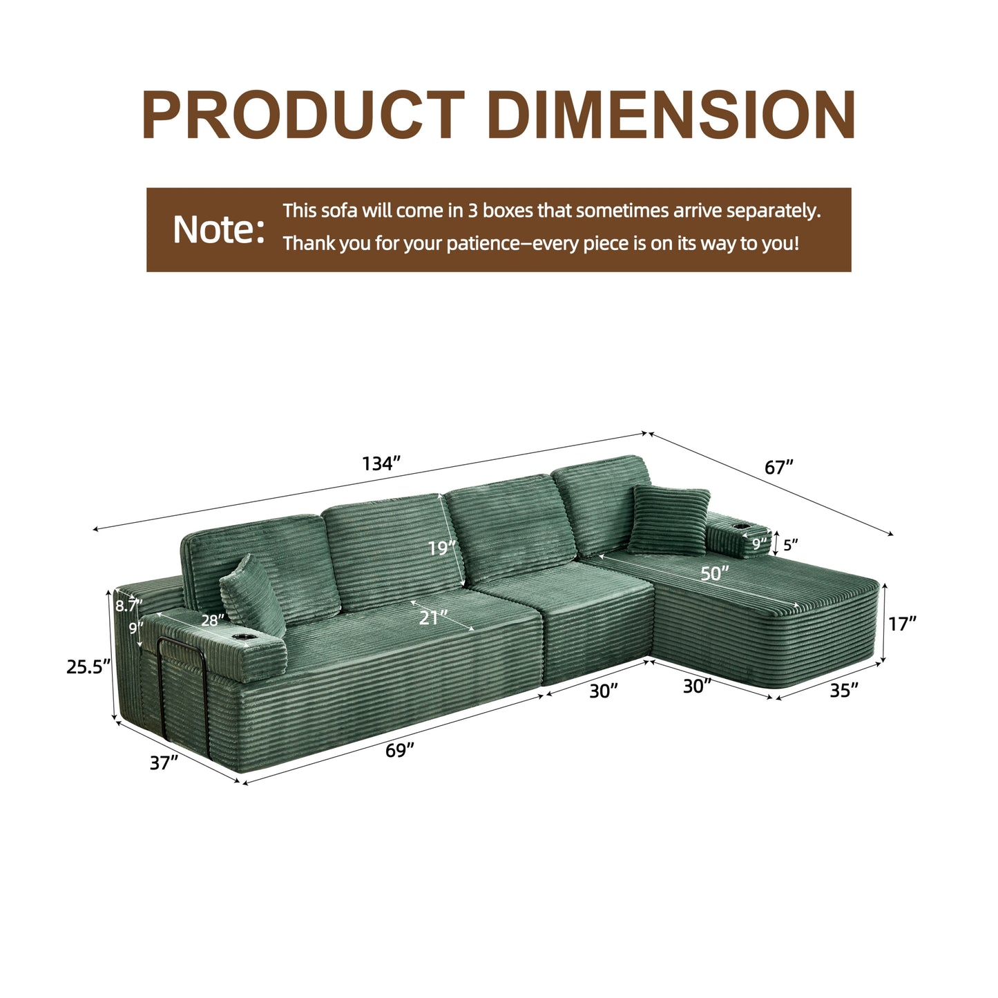 soothroom Corduroy L Shape Right Facing Sectional Sofa – Modular Compressed Couch