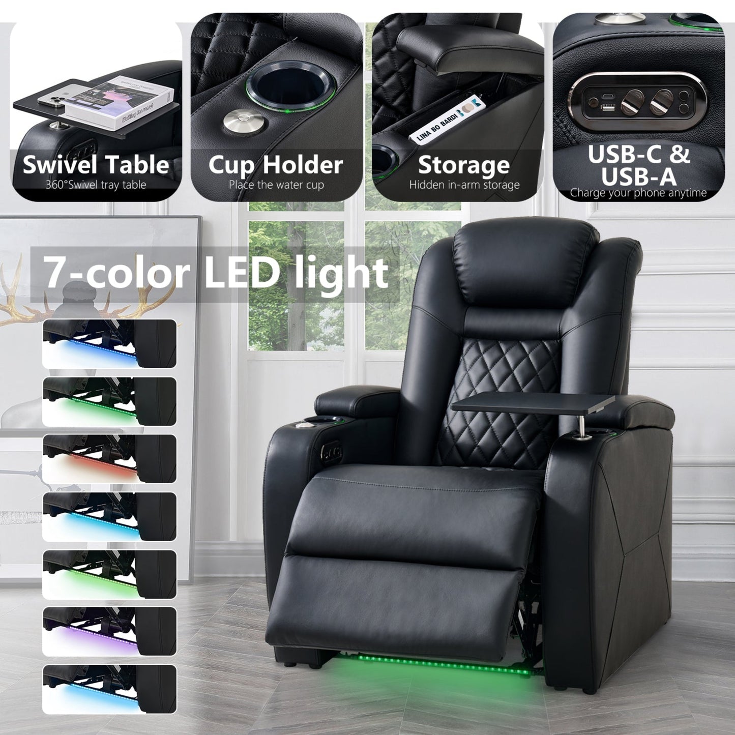 soothroom 5 Seat Reclining Home Theater Seating Row with LED Lighting