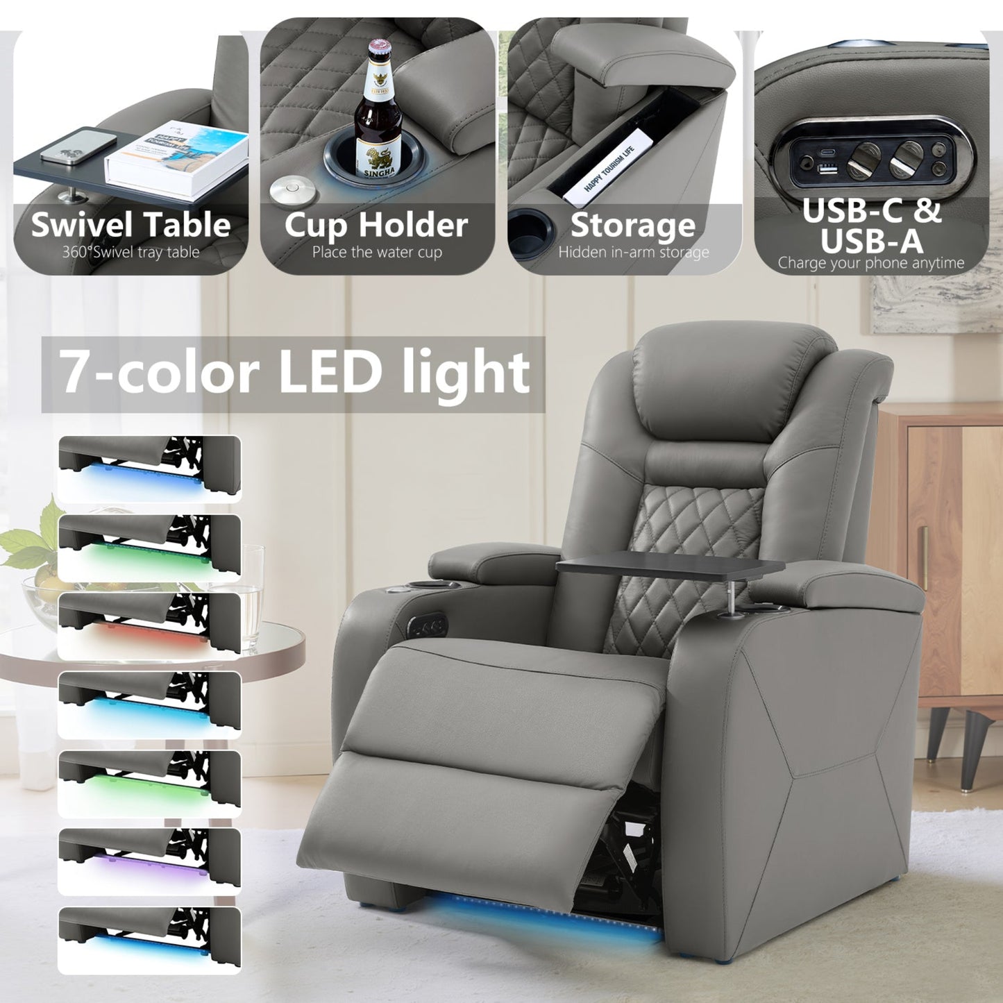 soothroom 5 Seat Reclining Home Theater Seating Row with LED Lighting