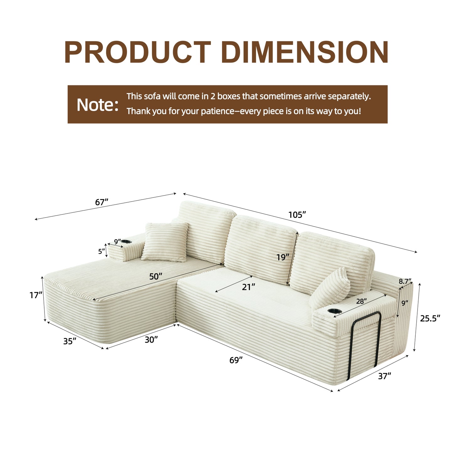 soothroom Corduroy L Shape Left Facing Sectional Sofa – Modular Compressed Couch
