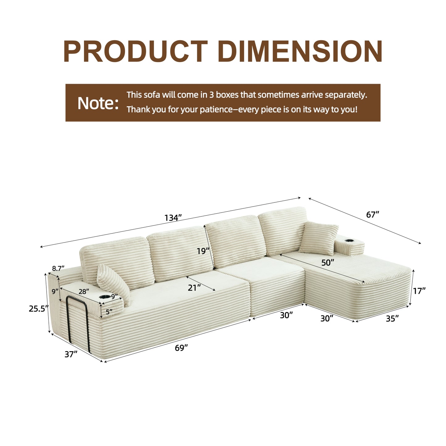 soothroom Corduroy L Shape Right Facing Sectional Sofa – Modular Compressed Couch